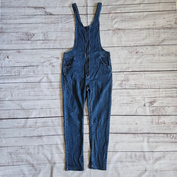 Free People Zip Front Denim Tapered Skinny Leg Overalls Womens 6 - Picture 1 of 5